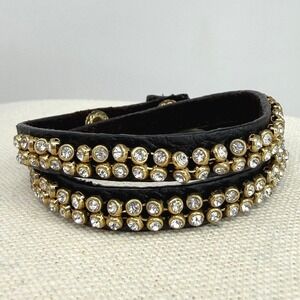 Chloe + Isabel Black Leather Double Wrap Bracelet Crystal Gold Tone Snap Logo